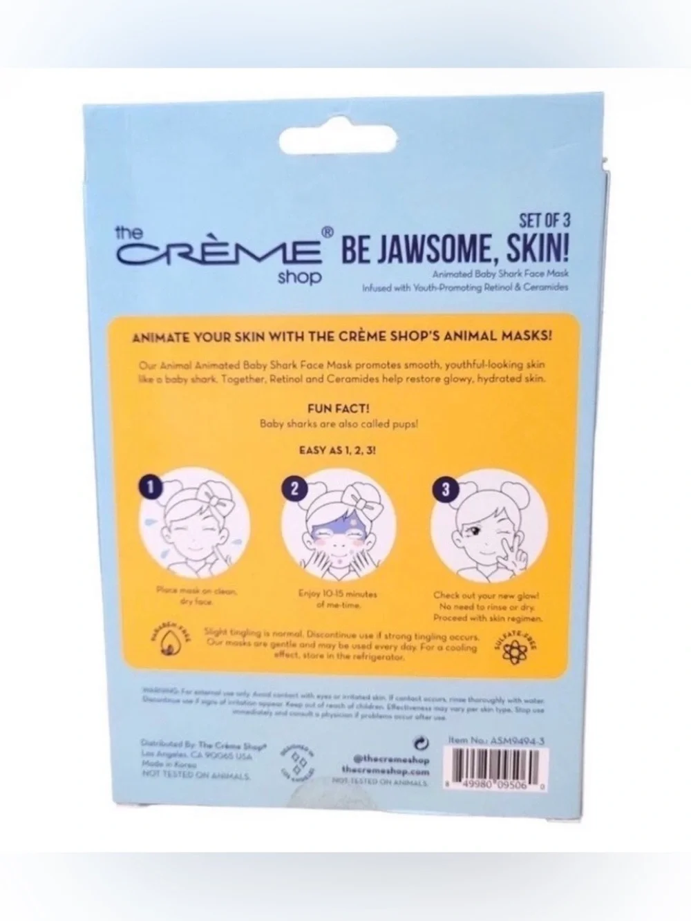 NIB The Creme’ Shop Be Jawsome, Skin! Face Masks Shark Design - 3 Masks per Box